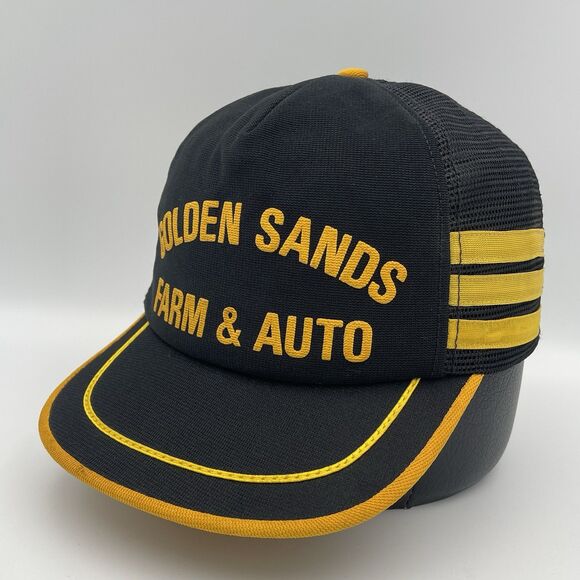 Vintage Golden Sands Farm & Auto Three Striped Snapback Trucker Hat Cap Rare USA - Picture 1 of 15